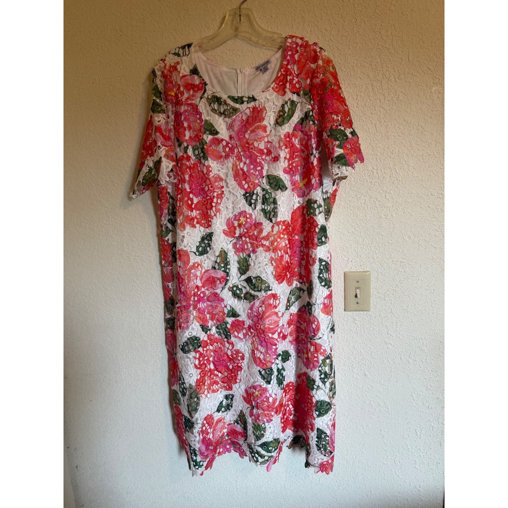Nina Leonard Womens 2X Floral Lace Sheath Dress Pink Orange White Short Sleeve